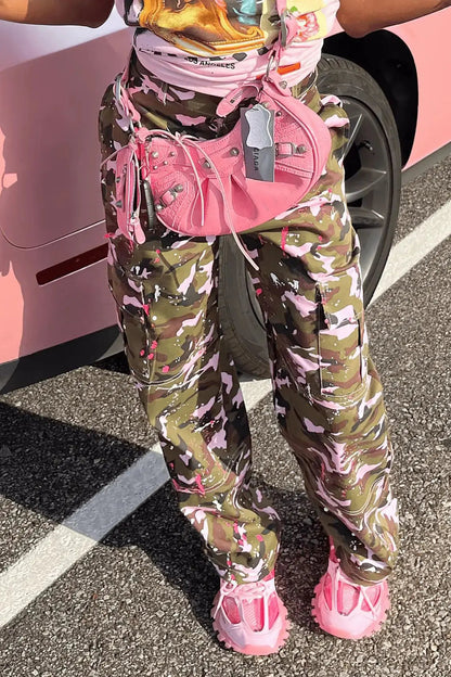 FAGADOER Pink Camouflage Print Pants Women Y2K Streetwear Button Pocket patchwork Straight Pants Hot girl Bottoms 2025 SS69