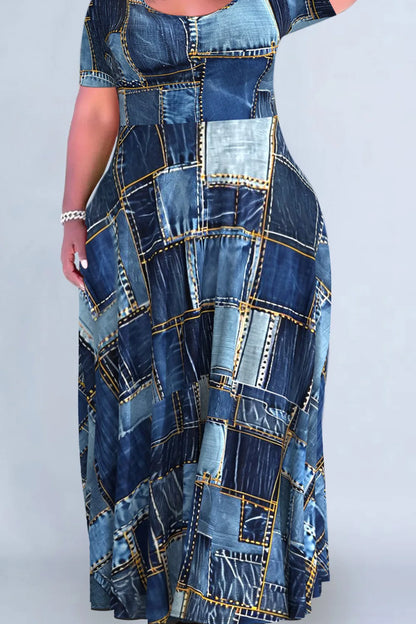 Plus Size Women's Dark Blue Patchwork Crew Neck Denim Print Maxi Dresses - SS69 