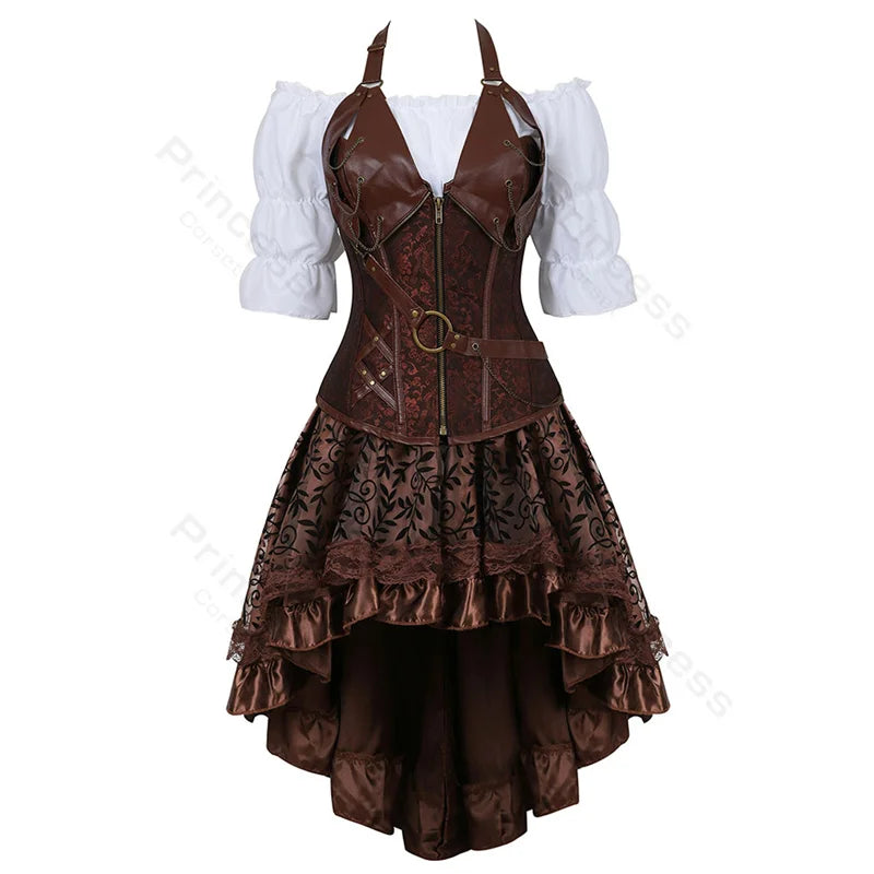Brown Pirate Dress Plus Size Faxu Leather Steampunk Corset Dress with Shoulder Off Blouse Cosplay Pirate Costume for Women SS69
