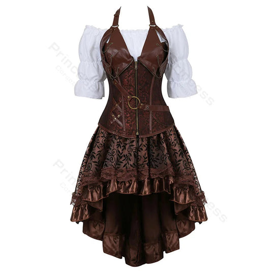 Brown Pirate Dress Plus Size Faxu Leather Steampunk Corset Dress with Shoulder Off Blouse Cosplay Pirate Costume for Women SS69