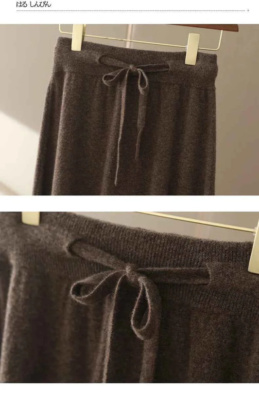 Autumn And Winter100% Pure Wool Skirt Women's Long Pocket Small A Skirt High Waist Slim Cashmere Knit A-Line Skirt