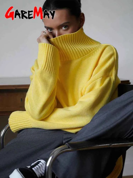 Autumn Women's Knitted Sweater Oversize High Collar Yellow Vintage Pullover Soft Winter Warm Vintage Red Sweaters for Women