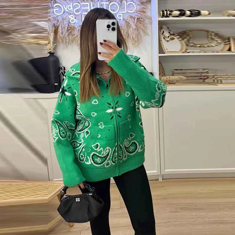 Warm Printed High Collar Knit Cardigans Women Contrast Jacquard Zipper Full Sleeve Pocket Sweater 2026 Spring Lady Chic Knitwear