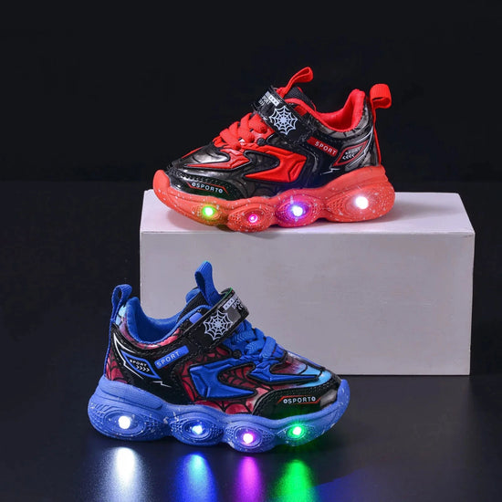 Children's Casual Shoes LED Lights Mesh Breathable Running Shoes Boys Girls Cartoon Spider Soft Sole Sport Shoes Sneaker SS69