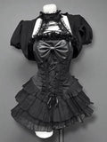 Gothic Y2k Hot Girl New 2-piece Set Women's Design Bow Lace Slash Neck Darkly Dress Suit Female + Vintage Puff Sleeve Cardigan