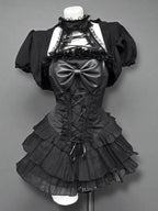 Gothic Y2k Hot Girl New 2-piece Set Women's Design Bow Lace Slash Neck Darkly Dress Suit Female + Vintage Puff Sleeve Cardigan