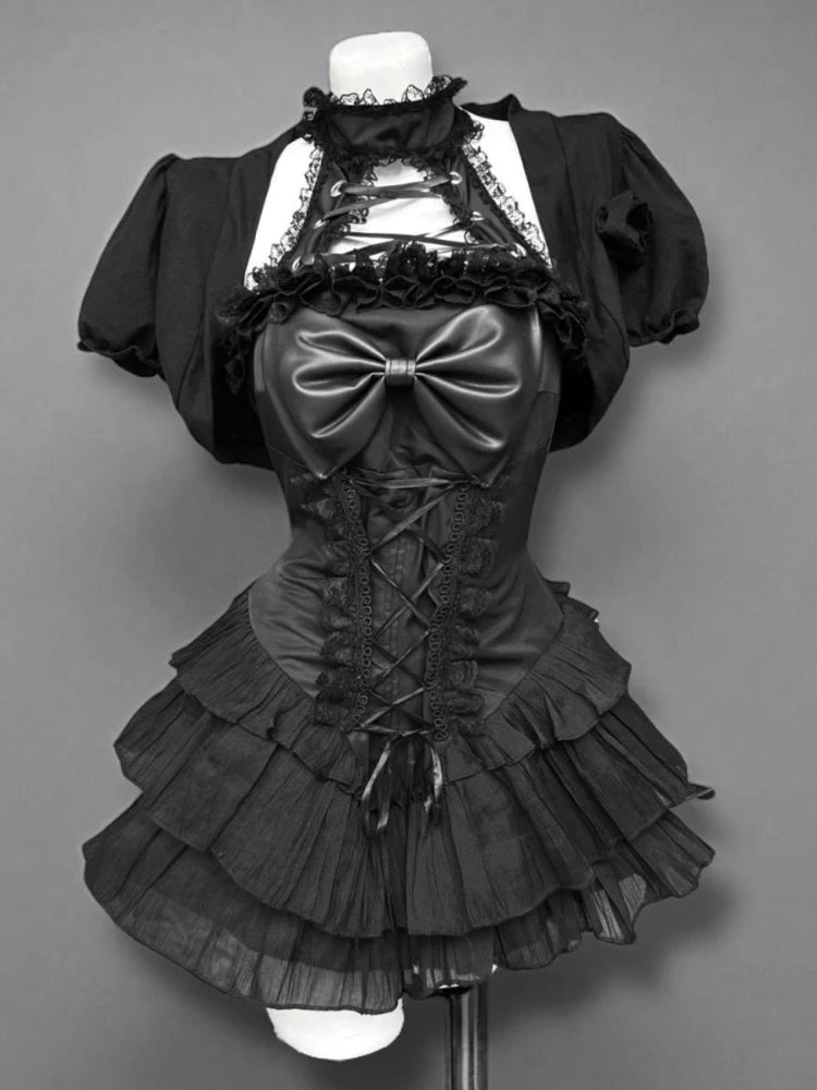 Gothic Y2k Hot Girl New 2-piece Set Women's Design Bow Lace Slash Neck Darkly Dress Suit Female + Vintage Puff Sleeve Cardigan