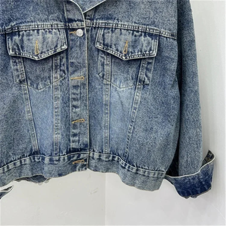 Streetwear Fashion Embroidery Sequins Denim Jacket Women Cowboy Outerwear Autumn Vintage Blue Big Pocket Jeans Jackets Female SS69