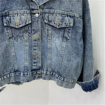 Streetwear Fashion Embroidery Sequins Denim Jacket Women Cowboy Outerwear Autumn Vintage Blue Big Pocket Jeans Jackets Female SS69