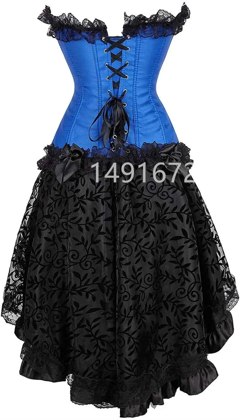 SS69 Plus Size Vintage Floral Lace Corset Bustier and Skirt Set - Green