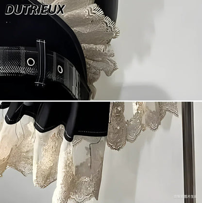 Harajuku Retro Summer New Girl Multi-layer Pleated Skirt Suit Heavy Industry Women's 2 Piuece Sets Lace Splicing Irregular Top SS69