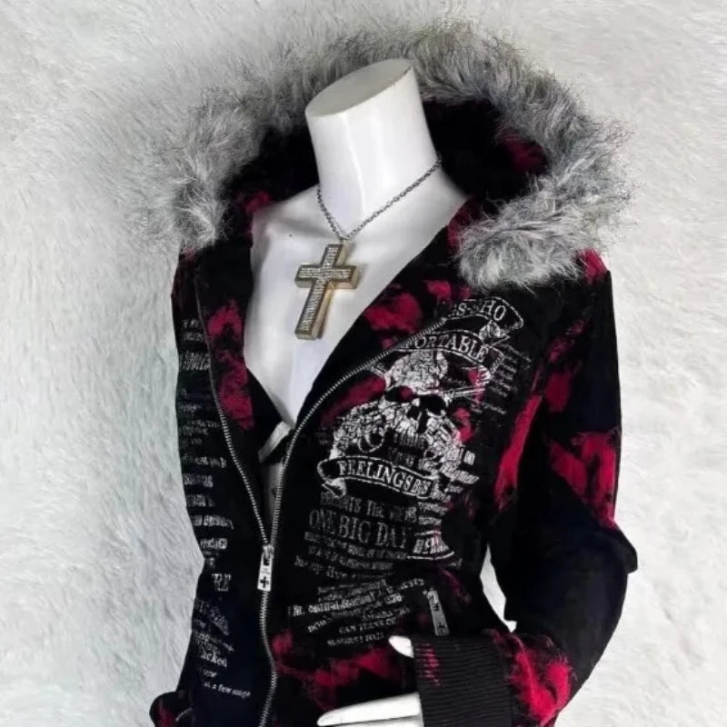 New Gothic geometric print red gradient zipper hoodie women fashion high street fur collar loose sweatshirt for men and women