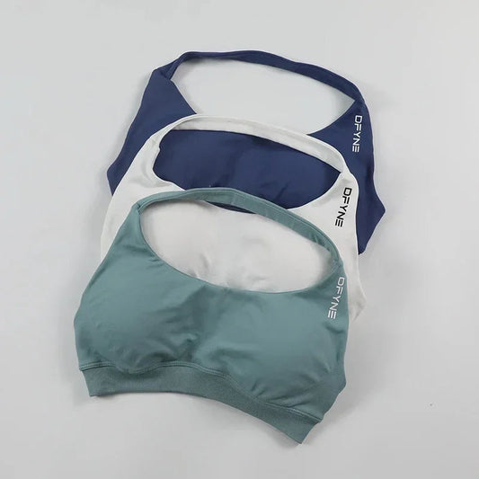 Dfyne Impact Sports Bra Women Seamless Halter Neck Strap Bras with Logo Padded Open Back Yoga Bra Medium Support Gym Crop Top SS69