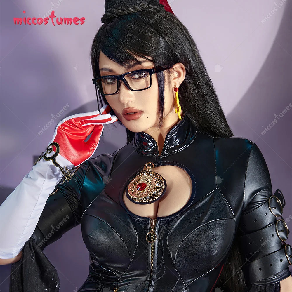Miccostumes Women's Black Witch PU Leather Cosplay Bodysuit