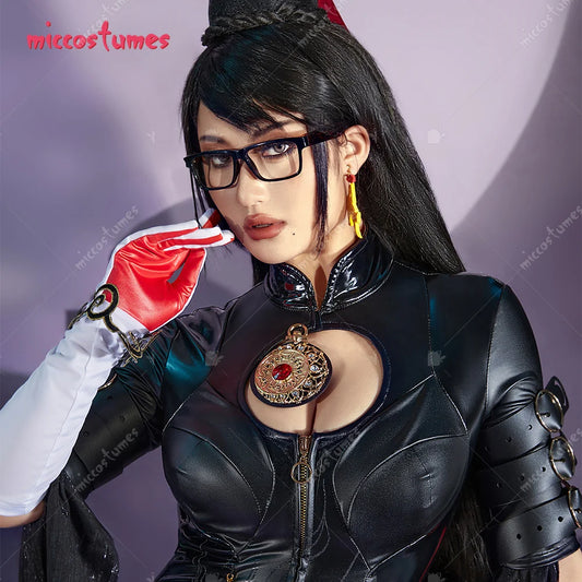 Miccostumes Women's Black Witch Cosplay Bodysuit PU Leather Halloween Costume