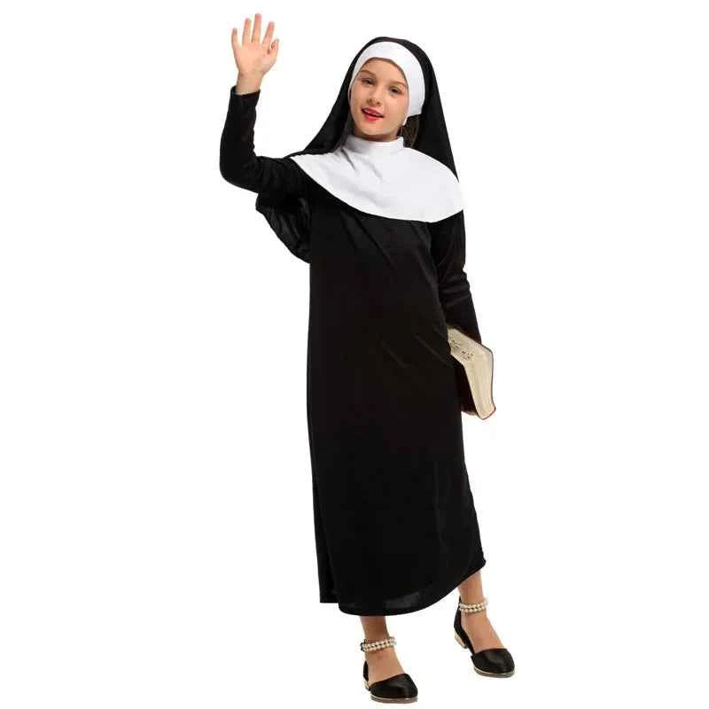 Girls Black Nun Costume Child Halloween Catholic Religion Missionary Fantasy Fancy Dress for Book Week Purim Party