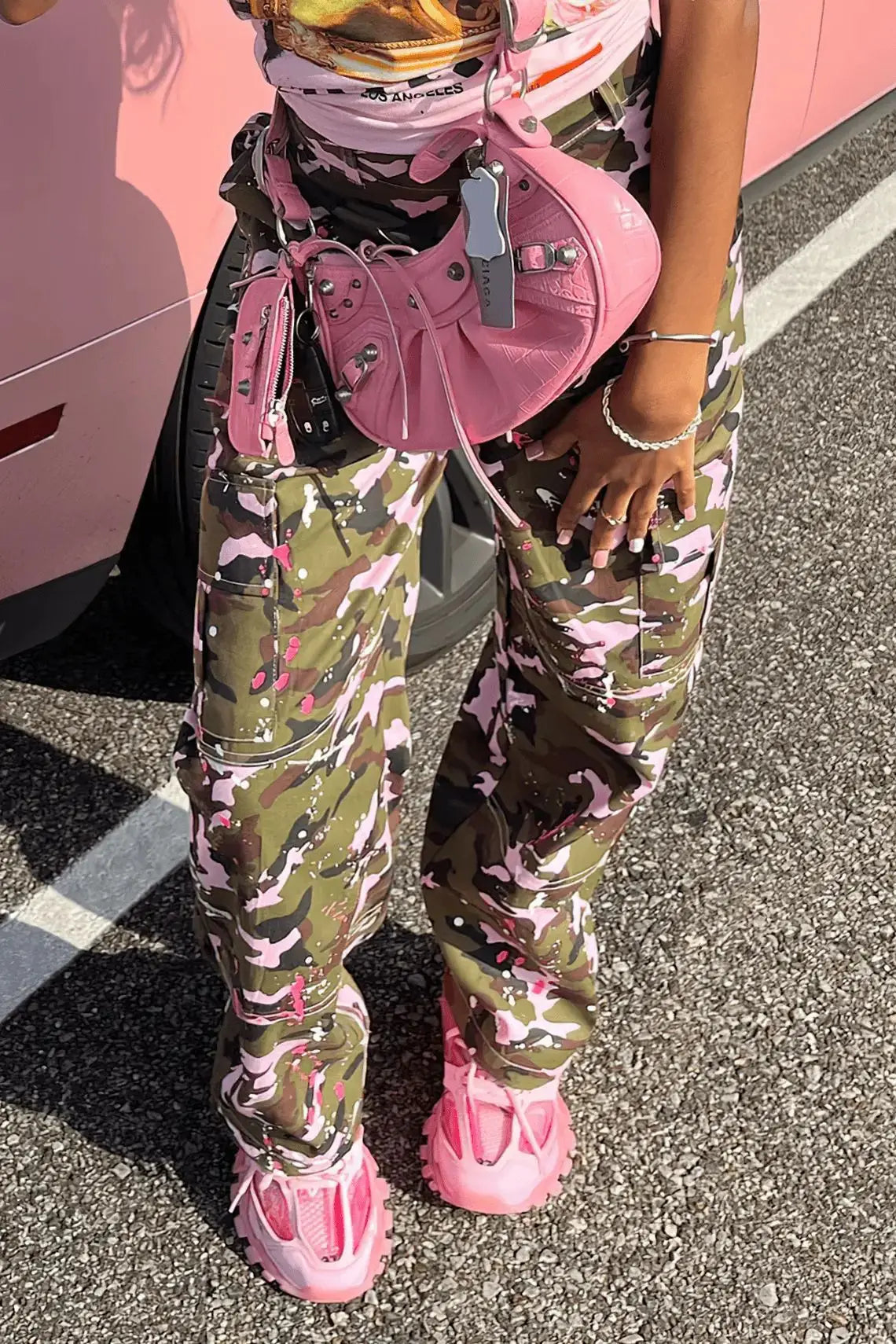 FAGADOER Pink Camouflage Print Pants Women Y2K Streetwear Button Pocket patchwork Straight Pants Hot girl Bottoms 2025 SS69
