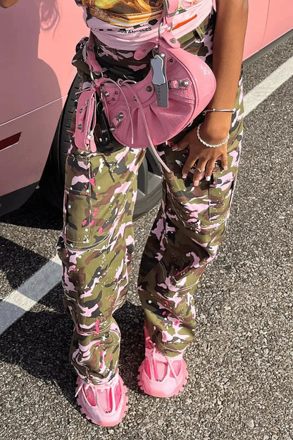 FAGADOER Pink Camouflage Print Pants Women Y2K Streetwear Button Pocket patchwork Straight Pants Hot girl Bottoms 2025 SS69
