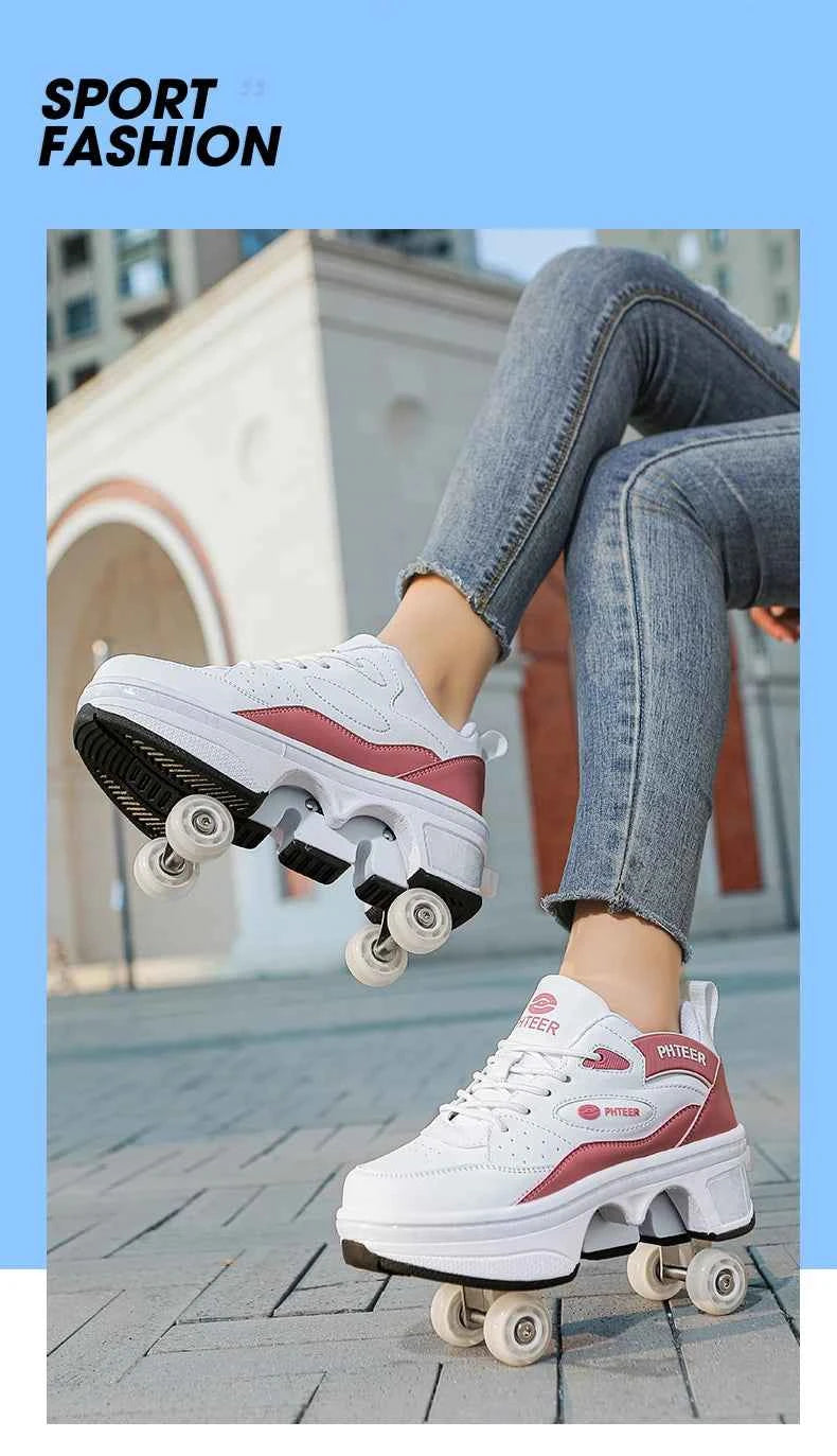 Deformation Shoes Roller Sneakers With 4 Wheels Skates Adult Kids Runaway Parkour Wheels Shoes For Women Men Youth Sport Shoes