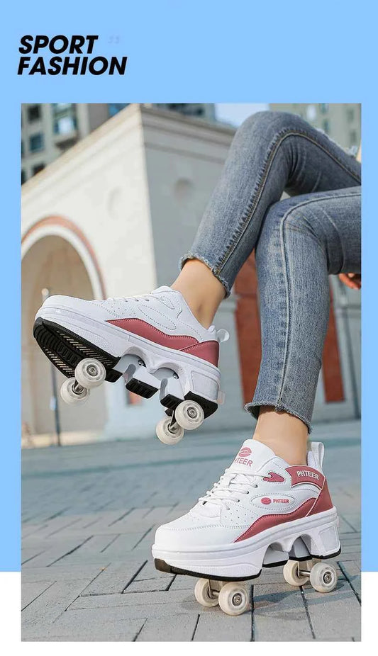 Deformation Shoes Roller Sneakers With 4 Wheels Skates Adult Kids Runaway Parkour Wheels Shoes For Women Men Youth Sport Shoes