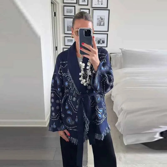 Vintage Tassels Print Women's Print Cardigan V-Neck Lace Up Full Sleeve Spliced Sweaters 2025 Autumn Lady All-match Kintwears