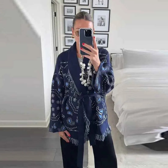 Vintage Tassels Print Women's Print Cardigan V-Neck Lace Up Full Sleeve Spliced Sweaters 2025 Autumn Lady All-match Kintwears