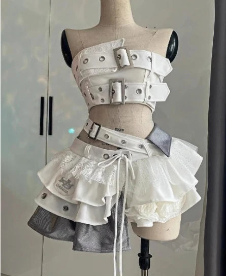 Harajuku Retro Summer New Girl Multi-layer Pleated Skirt Suit Heavy Industry Women's 2 Piuece Sets Lace Splicing Irregular Top SS69 59.69 D / S