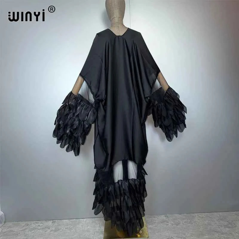 WINYI Catwalk sexy Kimono Women elegant coat Long Sleeve Cardigan abaya dubai luxury beachwear Cover Up dress holiday Caftan