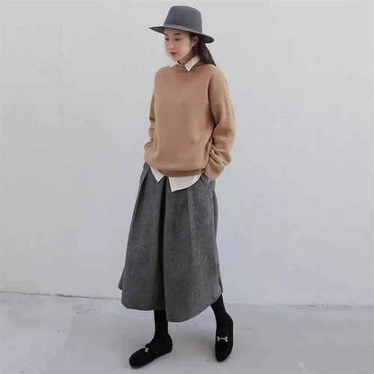 Loose Woolen Wide Leg Skirts Pants Women Pleated Casual Pants Winter Autumn Straight Trousers Elastic High Waist Fat Leg Pants