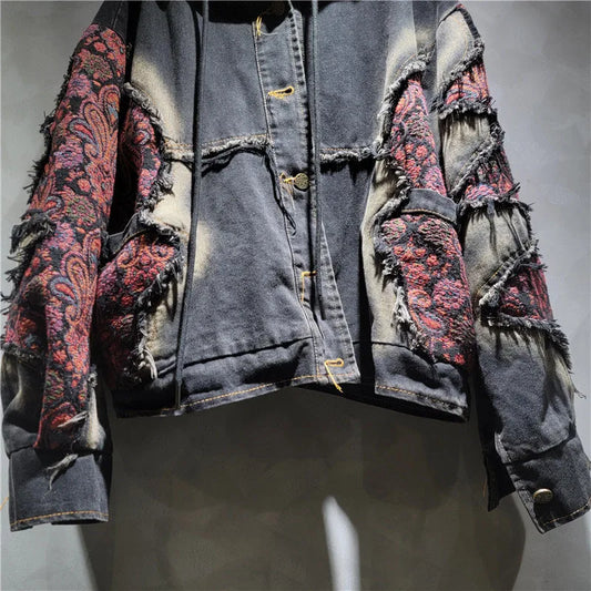DEAT Women's Patchwork Denim Hooded Jacket and High Waist Wide Leg Pants Set