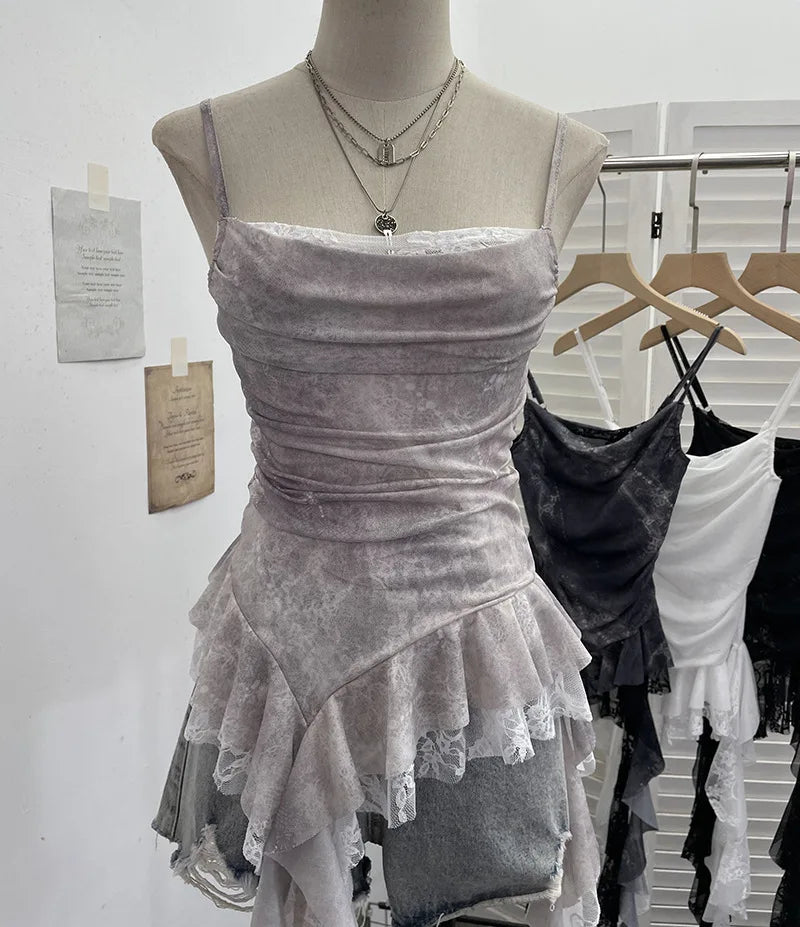 Women's Vintage Tie-dye Printed Mesh Spaghetti Strap Camisole Hot Girl Irregular Ruffled Ribbon Sleeveless Top Partyclub 1185