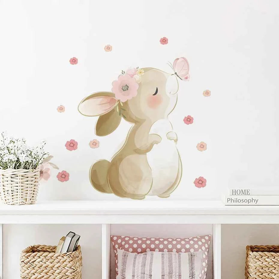 Boho Cartoon Rabbit Butterfly Flowers Wall Sticker Nursery Kids Room Home Decoration Mural Living Room Bedroom Bunny Stickers
