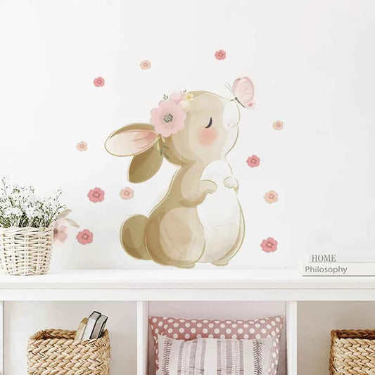 Boho Cartoon Rabbit Butterfly Flowers Wall Sticker Nursery Kids Room Home Decoration Mural Living Room Bedroom Bunny Stickers