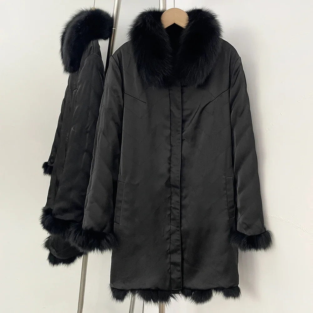 OFTBUY Women's Real Fox Fur Coat - Thick Warm Winter Jacket