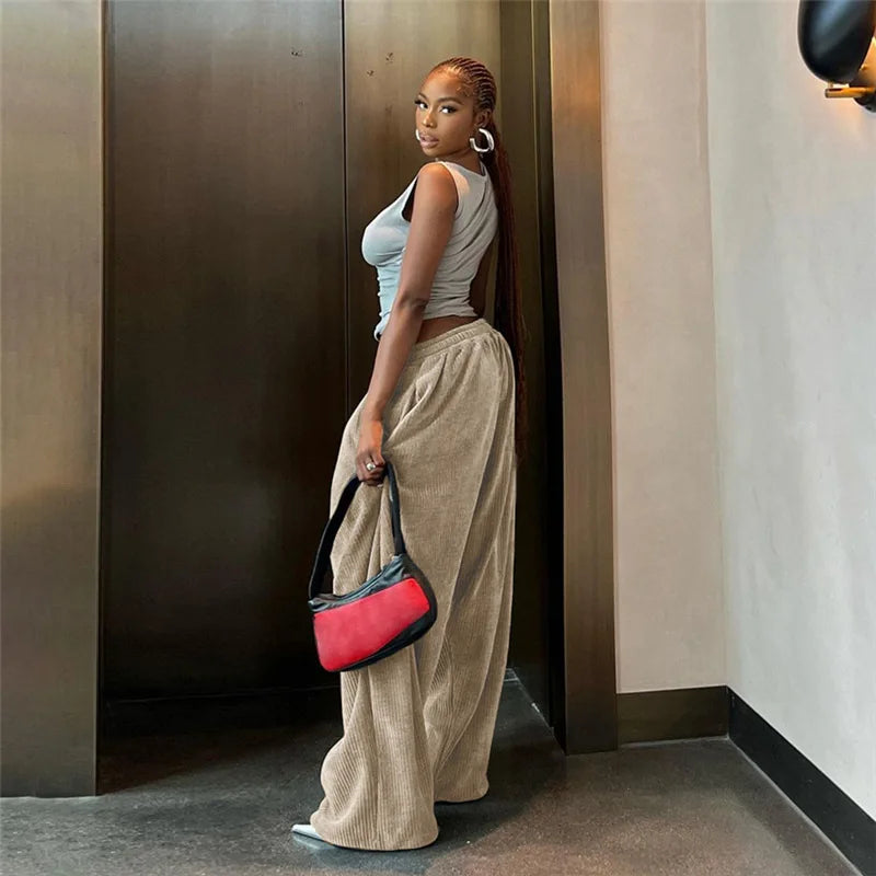 Casual Women's Pants Y2K Wide Leg Corduroy Women's Pants Hip Hop Loose Basic Pockets High Waist Pants SS69