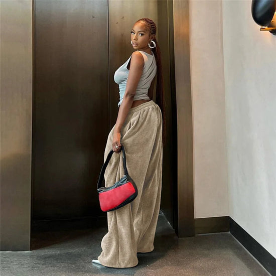 Casual Women's Pants Y2K Wide Leg Corduroy Women's Pants Hip Hop Loose Basic Pockets High Waist Pants SS69
