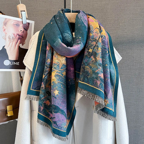 Autumn/Winter Warm Scarf 185*65cm Star Print Tassel Shawl Women's Imitation Cashmere Thickened Warps Coldproof Windproof Blanket
