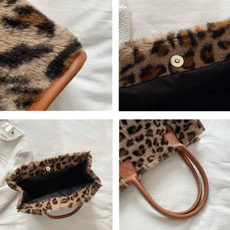 Winter Faux Fur ,Leopard Print Designer Shopper Totes, Fashion Soft Plush Women Shoulder Bags, Large Capacity Handbags and Purse