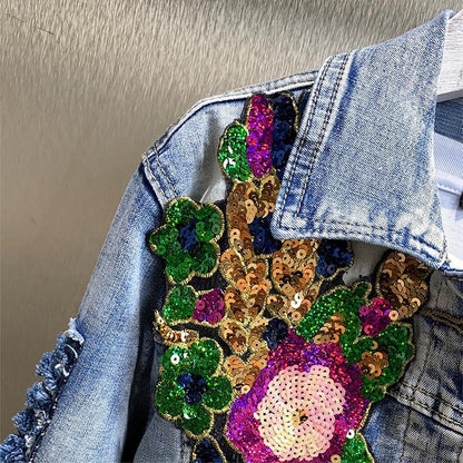 Retro Diamonds Embedding Floral Embroidery Denim Coat Spring Flowers Sequins Appliques Slim Jeans Jacket Cowboy Cardigan Jaqueta SS69