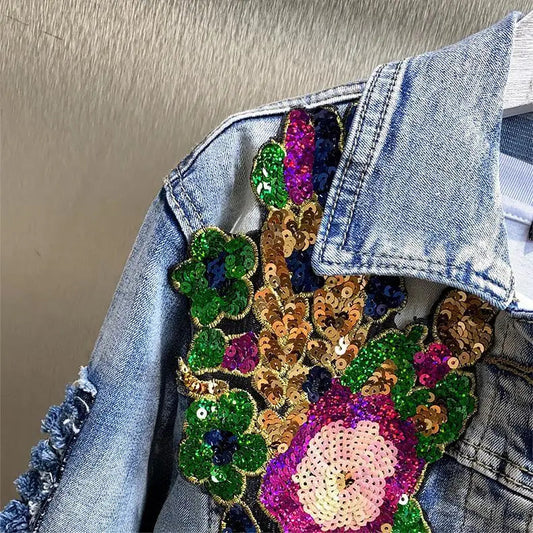 Retro Diamonds Embedding Floral Embroidery Denim Coat Spring Flowers Sequins Appliques Slim Jeans Jacket Cowboy Cardigan Jaqueta SS69