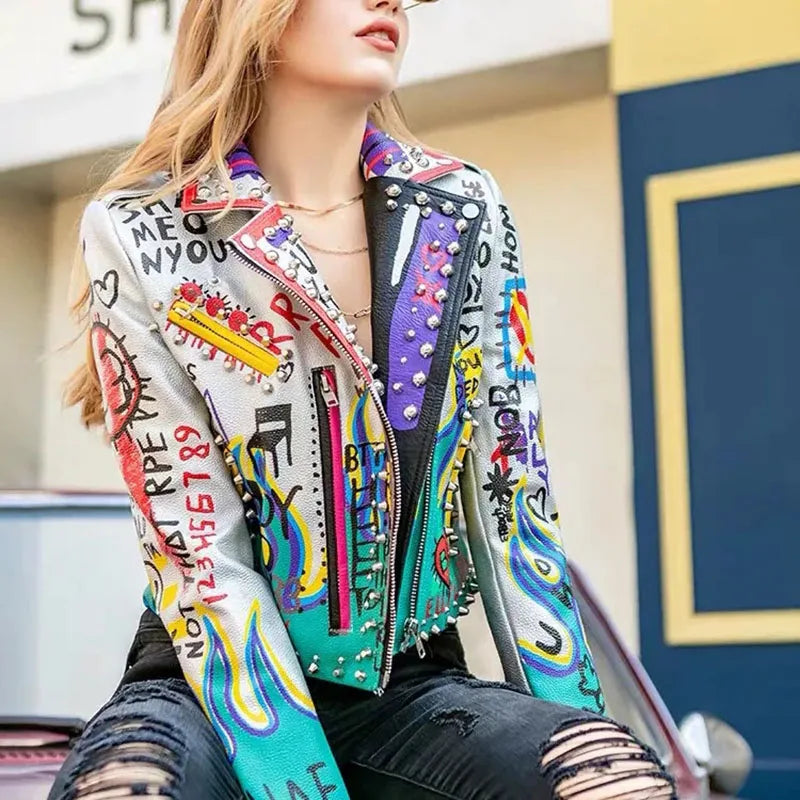 Womens Rivet Beading Pu Jacket Hit Color Streetstyle Graffiti Outerwear Letters Printed Leather Jackets Short Punk Street Coat SS69