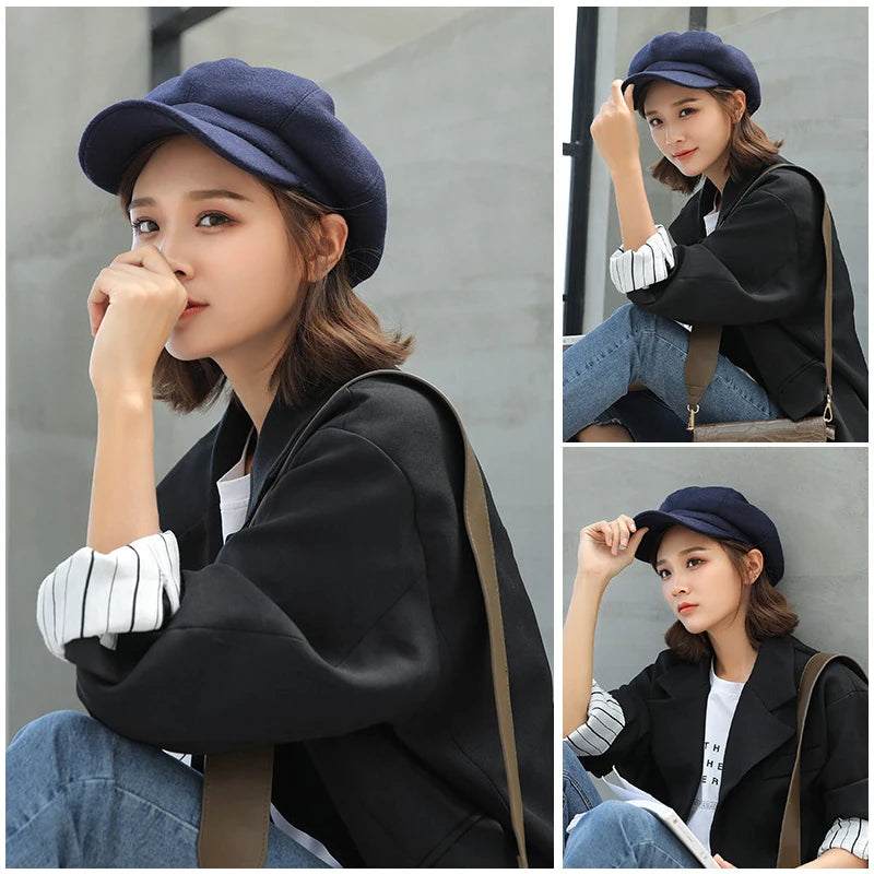 Woolen Octagonal Beret Hat for Women - Autumn/Winter Style