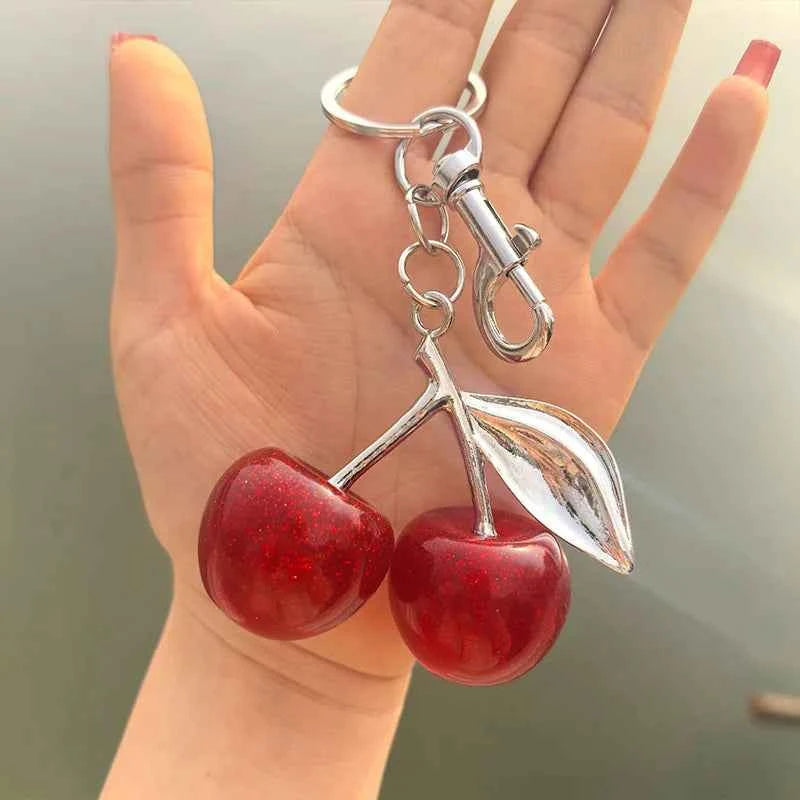 Fashion Delicate Red Cherry Charm Keychain 3 Color Gold Silver Keyring Elegant Women's Backpack Purse Charm Earrings Jewelry