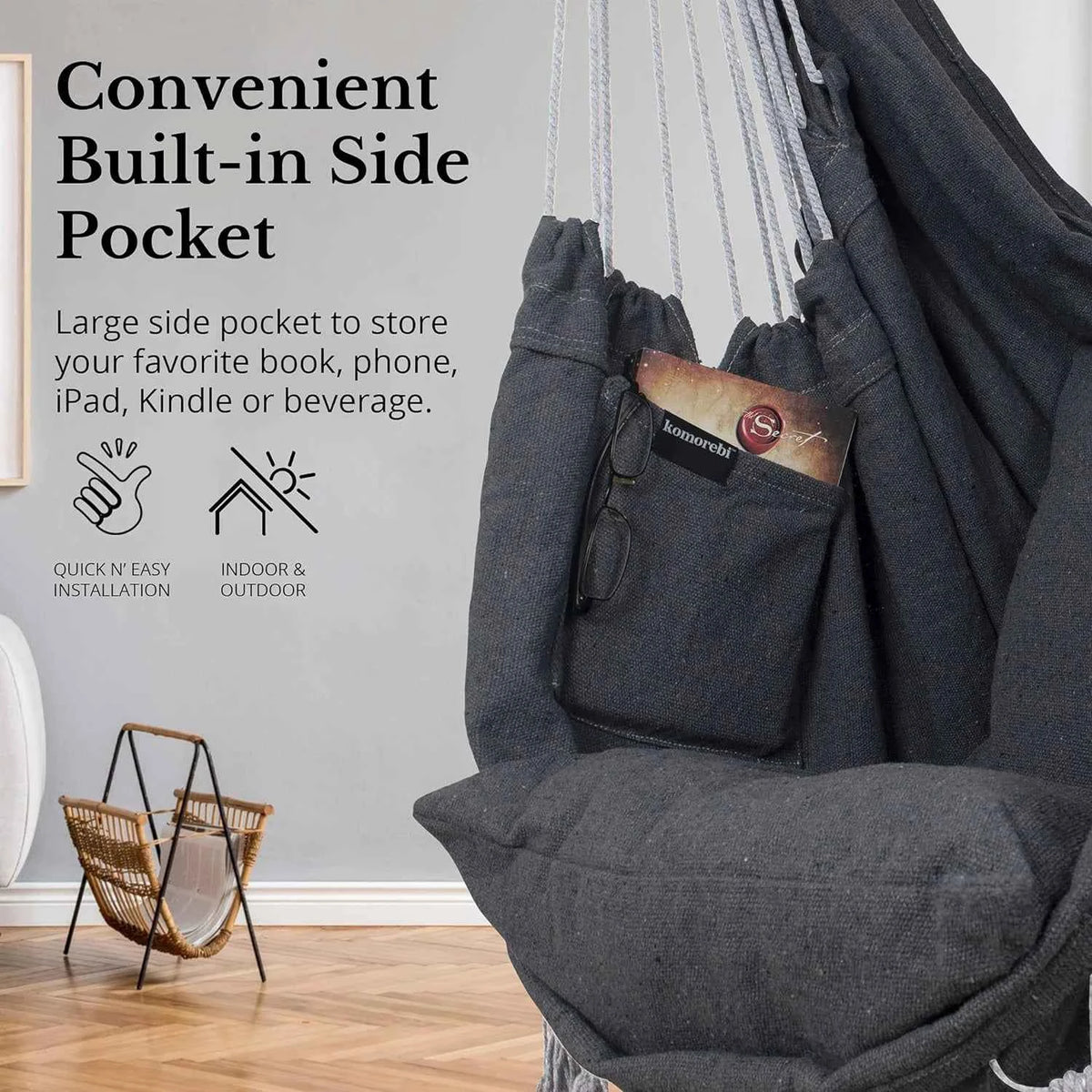 Macrame Hanging Chair with 2 Pillows | 500lb Capacity Cotton Rope Swing | Pocket Design Indoor/Outdoor Use