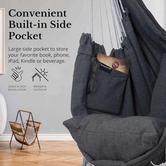 Macrame Hanging Chair with 2 Pillows | 500lb Capacity Cotton Rope Swing | Pocket Design Indoor/Outdoor Use