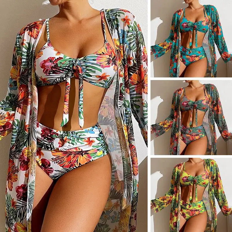 Size S-3XL Bikini Three Pieces Floral Printed Swimsuit Women Bikini Set With Mesh Long-Sleeved Blouse,Bra Top with Pad Swimwear SS69