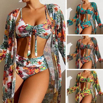 Size S-3XL Bikini Three Pieces Floral Printed Swimsuit Women Bikini Set With Mesh Long-Sleeved Blouse,Bra Top with Pad Swimwear SS69