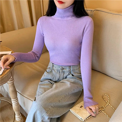 2025 Autumn Winter Women Long Sleeve Knitted Foldover Turtleneck Ribbed Pull Sweater Soft Warm Femme Jumper Pullover Clothes SS69