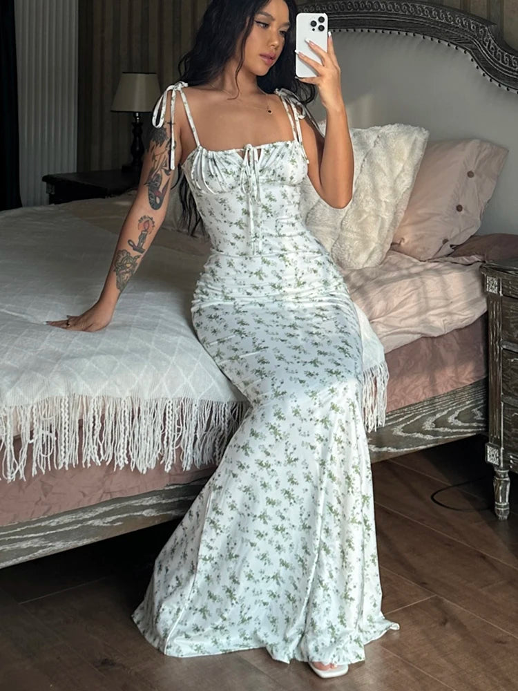 Hugcitar Women Floral Spaghetti Strap Bodycon Maxi Dress