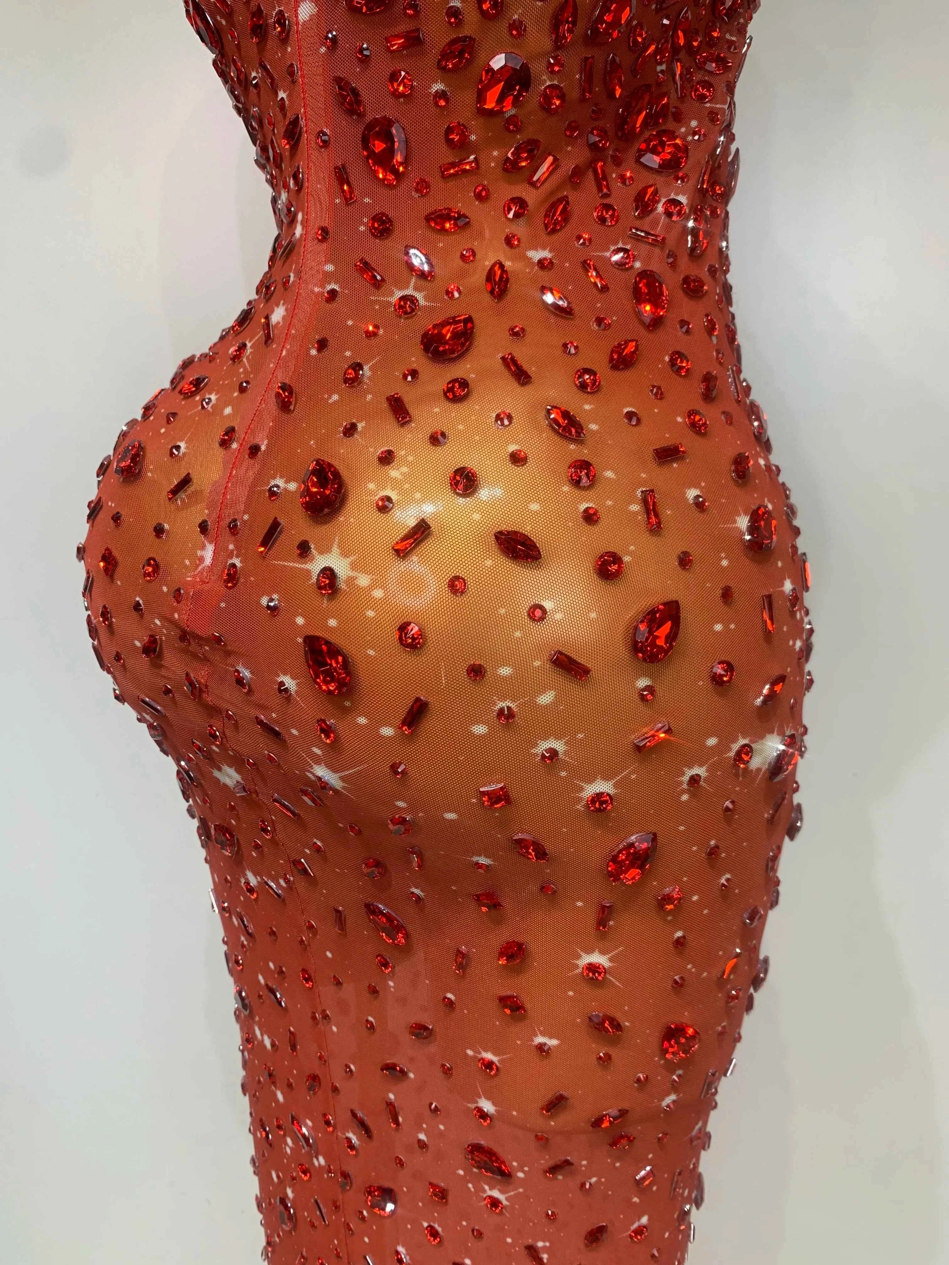 Luxury Rhinestones Sexy Mesh See Through Bodycon Dress Women Birthday Evening Cocktail party Gown Red Carpet Club Stage Outfit